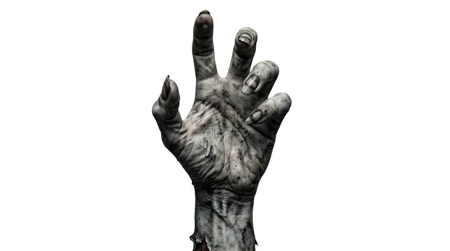 Creepy undead zombie hand reaching upward isolated on white background