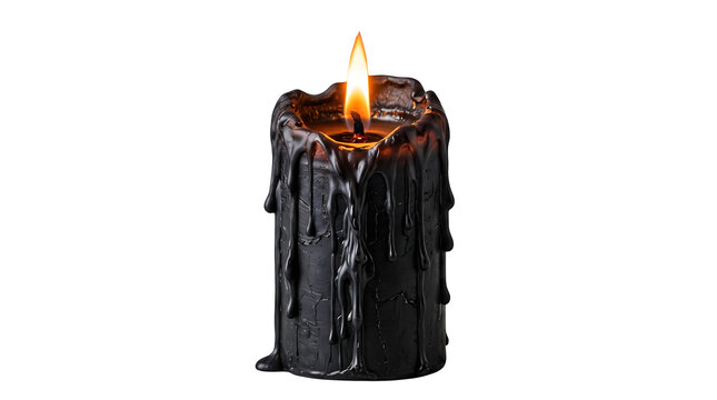 Black candle with melting wax and bright burning flame halloween mystical