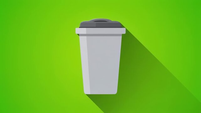 Recycling bin with lid on green background with long shadows cinematic motion
