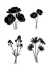 Fototapeta premium Collection of Minimalist Black Flower Silhouettes Including Poppies and Daisies on White Background