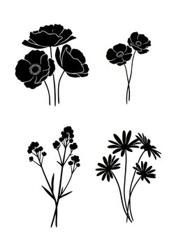 Collection of Minimalist Black Flower Silhouettes Including Poppies and Daisies on White Background