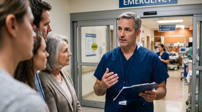 A doctor speaking with a patient's family in front of the emergency room