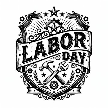 Vintage black and white Labor Day emblem with hammer, wrench, gears, and ornate scrolling details.
