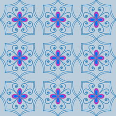 Fototapeta premium Seamless Vintage Floral Tile Pattern with Blue and Purple Swirl Ornament, Mediterranean Ceramic Wallpaper Vector Background