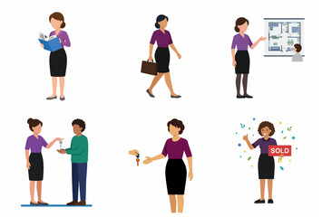 Fototapeta premium Professional Female Real Estate Agent Character Set for Property Sale and Rental Business. Realtor Handing Over Keys, Showing Floor Plan, and Celebrating Sold House. Flat Vector Illustration.