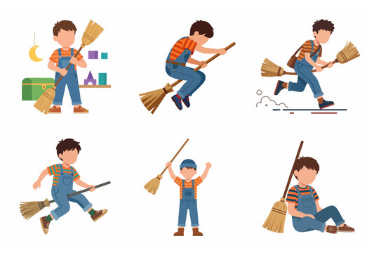 Collection of flat vector illustrations featuring a young boy playing with a broom. Imaginative child character set pretending to fly, clean, and run in various poses.