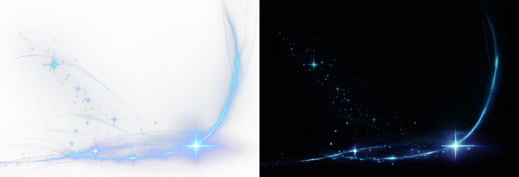 Blue Cyan Glowing Curved Light Streak Magic Arc Wave Sparkling Particles Overlay Isolated on white and Black Backgrounds