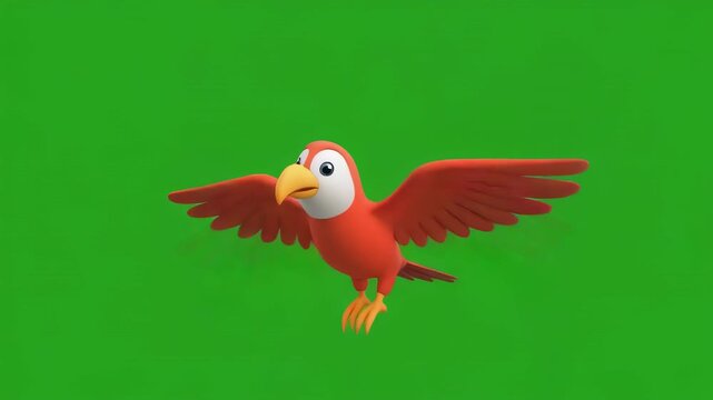 Red parrot in flight against green screen for animation and visual effects