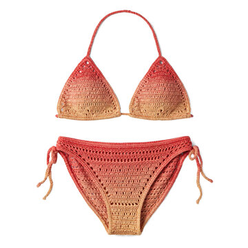 Red and beige ombre crocheted two-piece bikini swimwear set isolated on white background for summer fashion with women