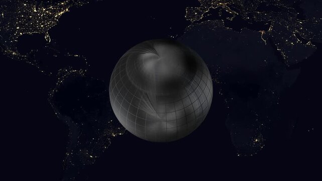 Abstract Global Communication Technology Logo with World Map on Black Background