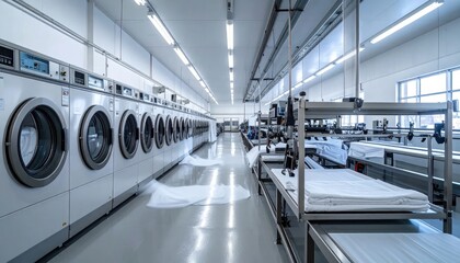 Obraz premium industrial laundry facility interior with machines.
