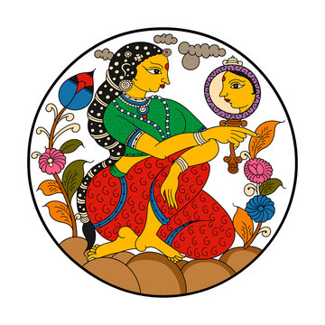 Traditional Indian Folk Art Illustration of Royal Couple with Floral Motifs and Decorative Mirror...