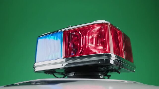 Red Blue Emergency Light Rotating Against Green Screen Background Cinematic Motion