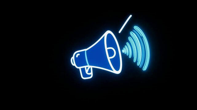 Neon blue megaphone broadcasting sound waves during a broadcast announcement against a dark background