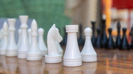 White Chess Pieces Standing on Outdoor Wooden Board Close Up © Kasya