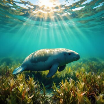 A dugong swimming peacefully over seagrass in clear tropical ocean waters