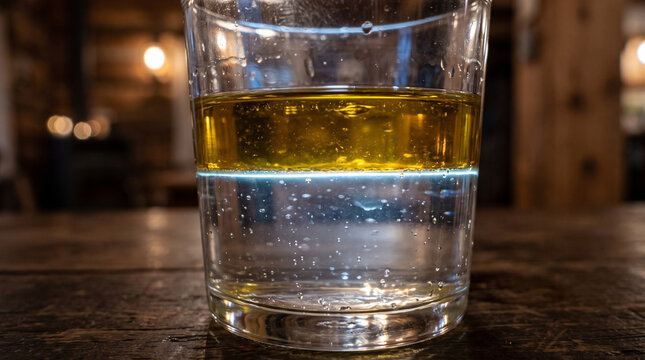Oil and water separation in clear glass liquid layers.