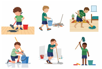 Set of flat vector illustrations of young boys cleaning floors with mops and buckets, helping with household chores and learning responsibility.