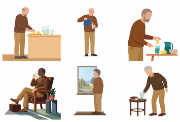 Set of Elderly Men Practicing Healthy Hydration Habits, Drinking Fresh Water with Lemon, Healthy Lifestyle for Seniors Illustration