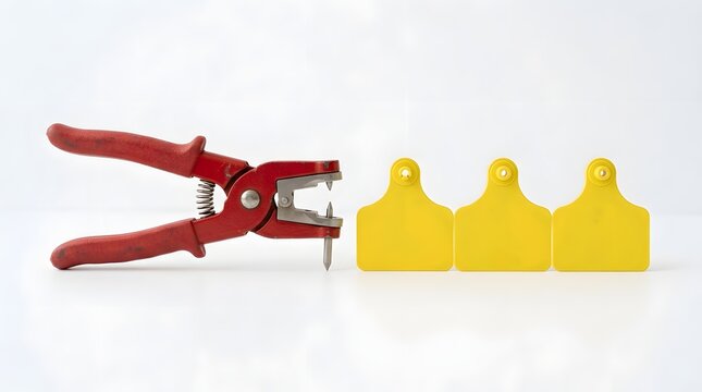 Red wire stripper tool with yellow ear tags on white surface