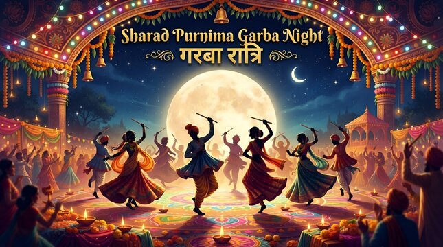 Sharad Purnima Garba Night poster with dandiya dancers - Indian festival banner