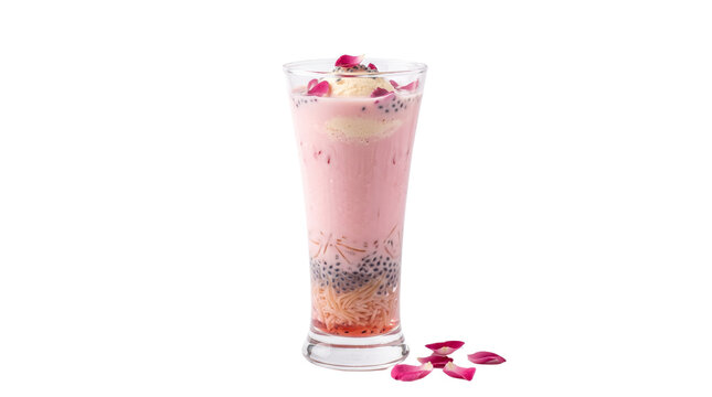 Refreshing pink falooda milkshake with rose petals, creamy strawberry dessert beverage with basil seeds and ice cream isolated PNG with Transparent Background