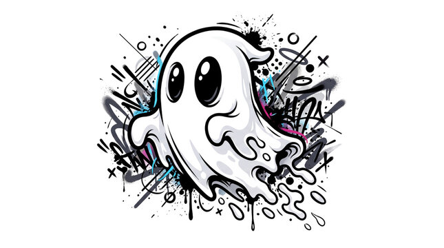 Hand-drawn spooky ghost cartoon character with splatter ink effect for Halloween design elements