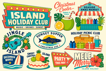 Naklejka premium A collection of retro-style tropical Christmas and island holiday themed illustrations and signs, featuring festive elements like gifts, drinks, food, and leisure activities.