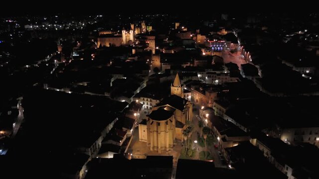 Night aerial pullback from the Church of San Francisco Javier in C&aacute;ceres