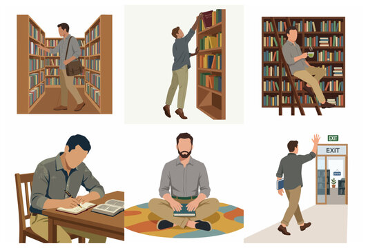 Flat vector illustration set of a man's activities in a library, including searching for books on shelves, studying at a desk, reading while relaxing, and leaving the bookstore.