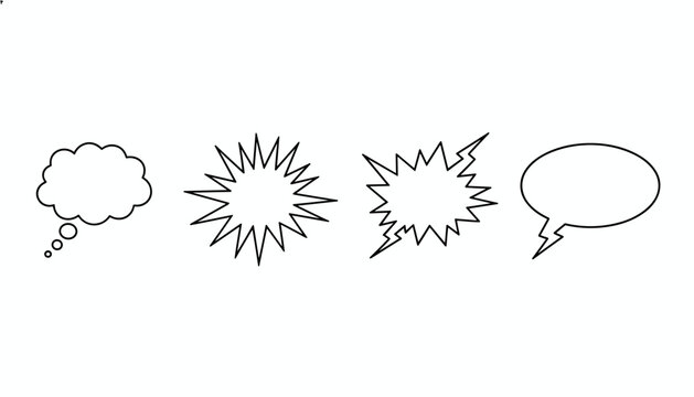 Comic book speech bubbles in various classic outlines including a thought cloud, explosion, jagged burst, and oval.