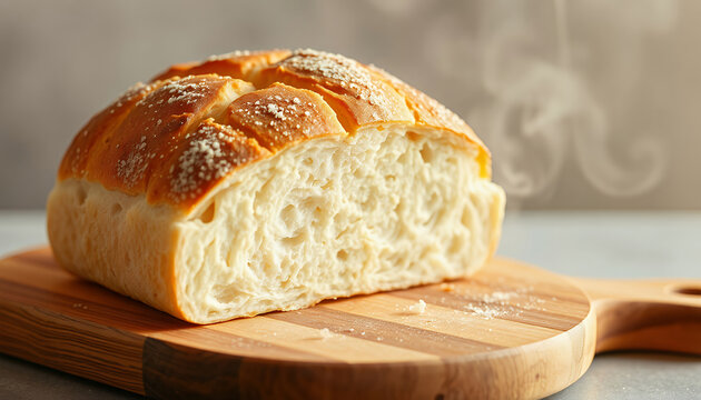 freshly baked artisan bread with golden crust and airy interior on rustic wooden board, dusted with flour
