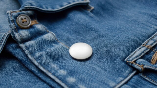 White electronic tracking tag attached to blue denim jacket pocket