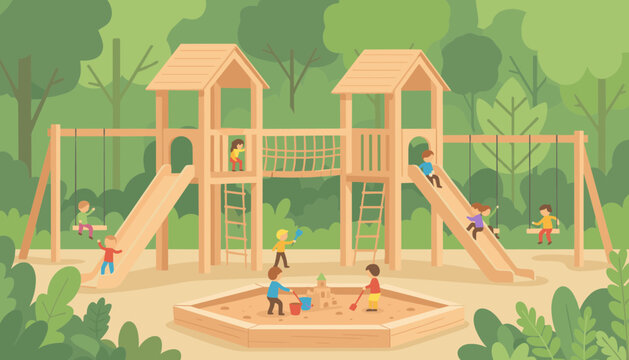 Children play joyfully on a wooden playground structure featuring multiple slides and swings in a park.
