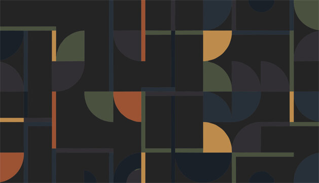 Dark abstract geometric background with colorful semi-circle shapes and intersecting lines in green, orange, and blue.