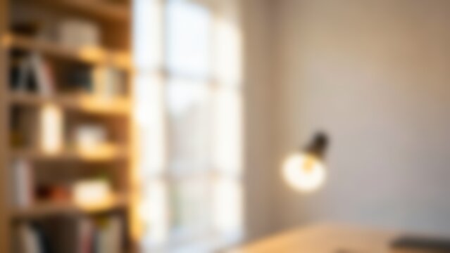 elegant blurred background of a warm sunny home office with wooden bookshelf and desk lamp ideal for virtual meeting backdrops or website hero banners
