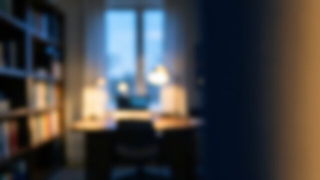 Blurred home office study room with bookshelf and desk lamp at twilight designed for remote work video conference virtual backgrounds and website copy space