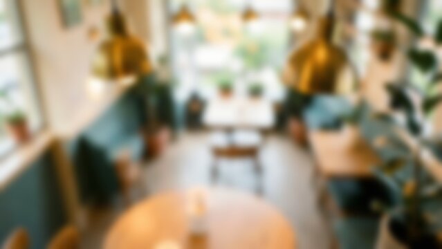 Blurred high angle view of a cozy coffee shop interior with warm brass lamps for virtual video backgrounds or presentation copy space