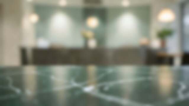 Empty dark green marble table top with blurred modern office lobby or hotel reception interior background for product display mockup and presentation