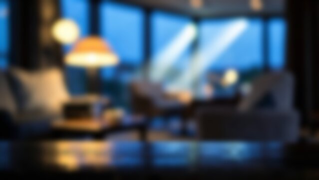 defocused cozy living room interior at twilight with dark empty wooden table foreground for luxury product placement and digital presentation backgrounds