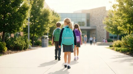 Fototapeta premium Students carrying colorful backpacks walking toward campus building outdoors sunny daytime