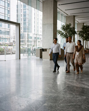 Modern Business Lobby at 8AM With Motion-Blurrred Employees