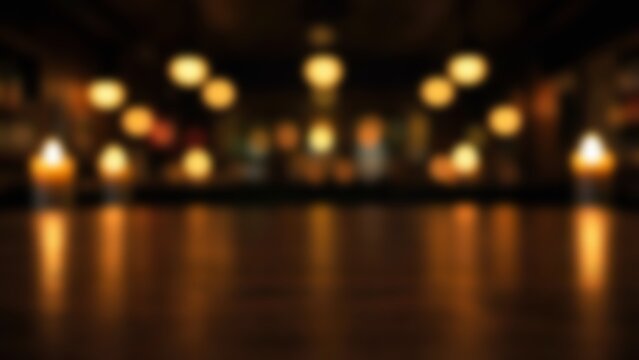 Empty dark walnut wooden table surface with blurred warm restaurant bar interior bokeh background for product display mockup and food photography presentation