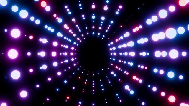 Neon colored balls on black background, concentric  circles motion graphic looped 4k animation.
