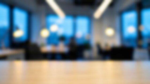 Empty light wood table foreground against a blurred modern corporate office setting for business presentation slides or company website hero banner