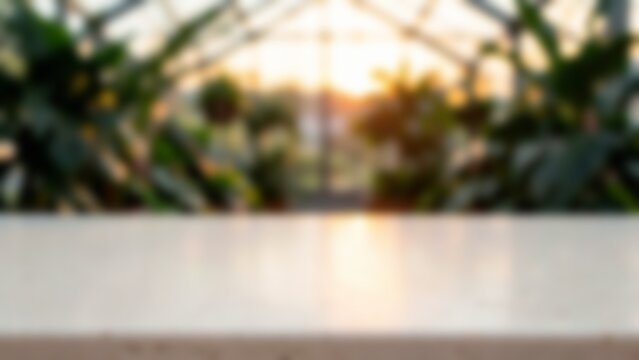 Empty white table top in a blurred greenhouse with warm golden sunset bokeh for natural organic product display and presentation background