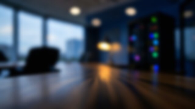 Blurred dark tech office interior featuring glowing servers and empty desk surface crafted as a corporate video call background or presentation backdrop