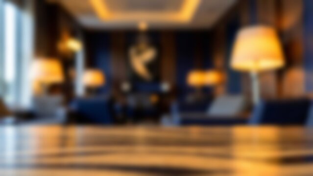 Blurred upscale hotel lounge interior featuring warm glowing lamps and empty wooden table surface ideal for luxury product placement or elegant website banner background