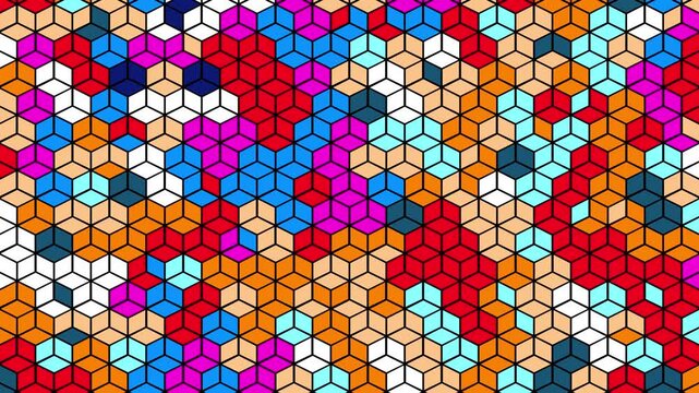 Colorful 3D cubes mosaic background with color shifting effect, Modern digital pattern with rotating color tones on geometric grid, 4k animation.