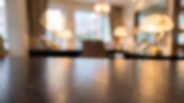 Empty wooden table surface in blurred warm cozy living room interior providing ideal background space for product placement and lifestyle website banners